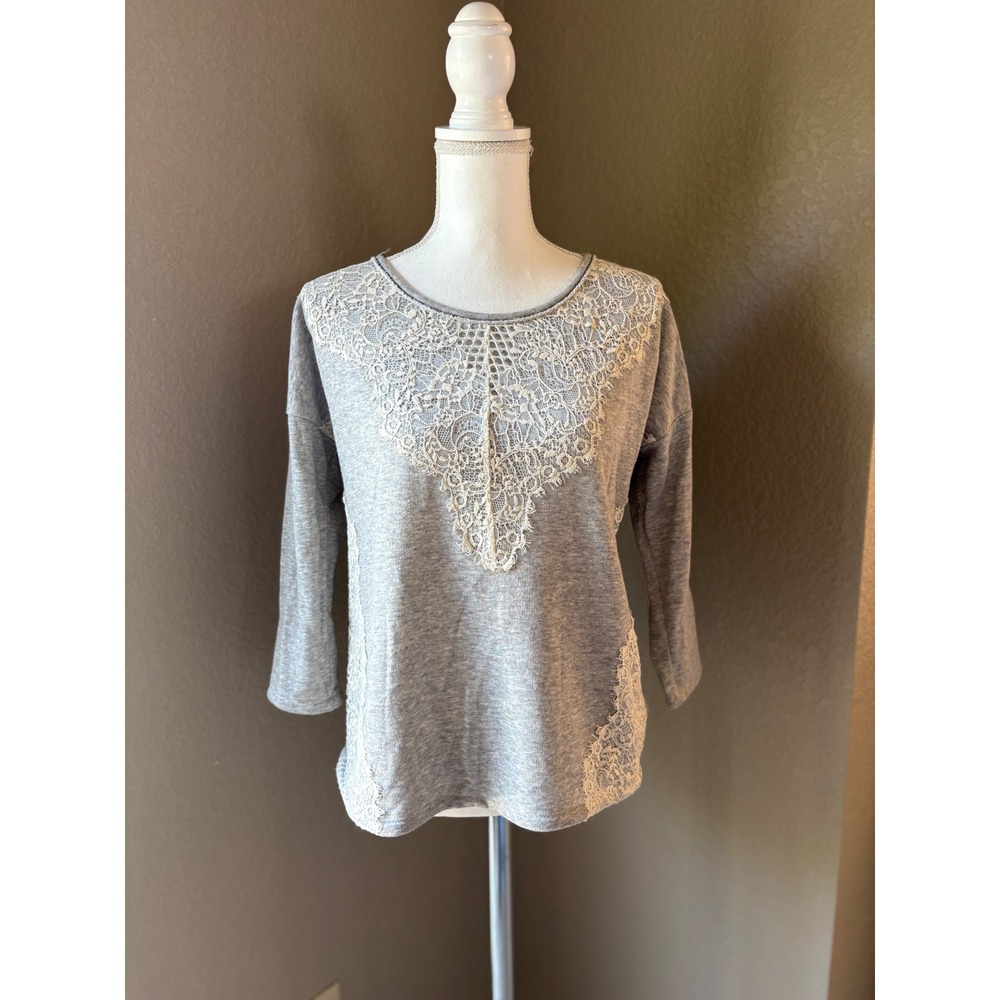 Rewind Womens XL Gray French Terry Pullover Top Cream Crochet Lace 3/4 Sleeve